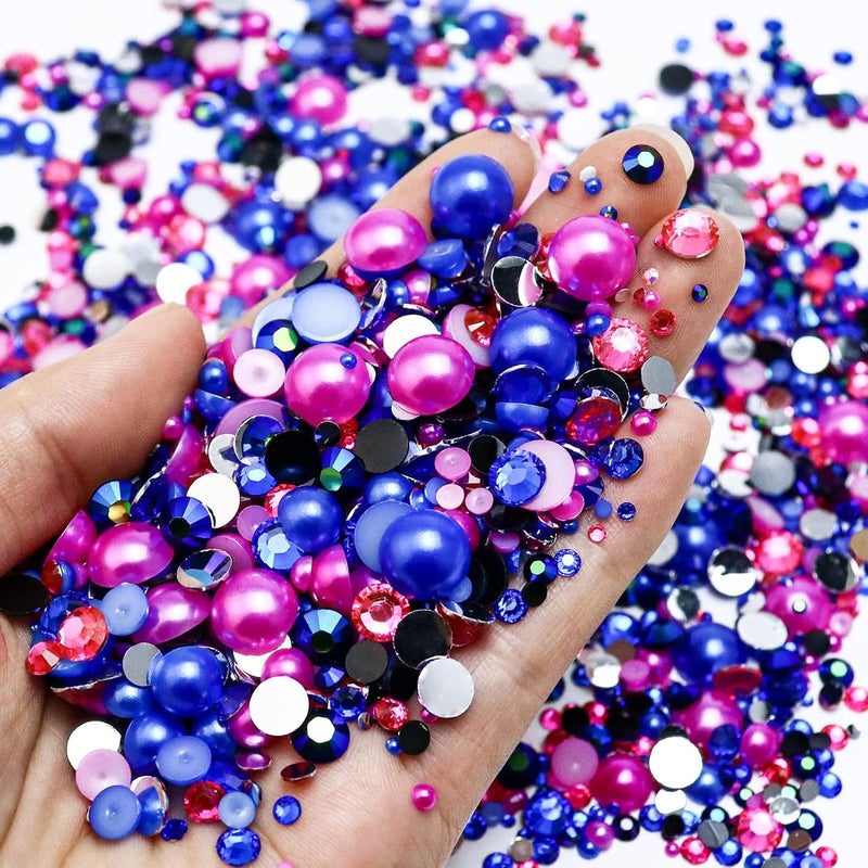 Towenm 60g Flatback Pearls and Rhinestone, 2mm-10mm Mixed Rhinestones and Pearls for Crafts Tumblers Shoes Nails Face Art, with Picker Pen, Blue|Rose|Hot Pink - Image 2
